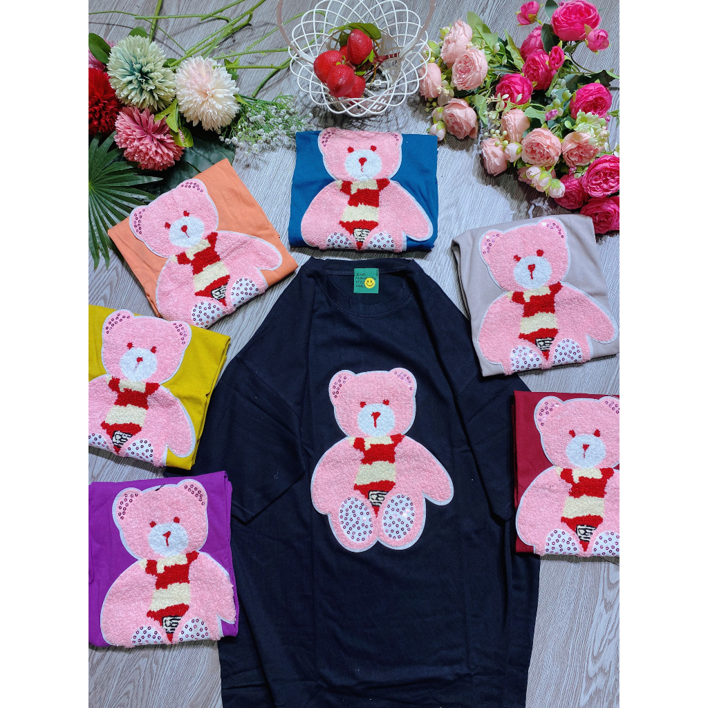 Áo thun form rộng tay lỡ nữ 3158 cổ tròn đáp thêu giá rẻ unisex in hình gấu hồng dễ thương nhiều màu siêu hot