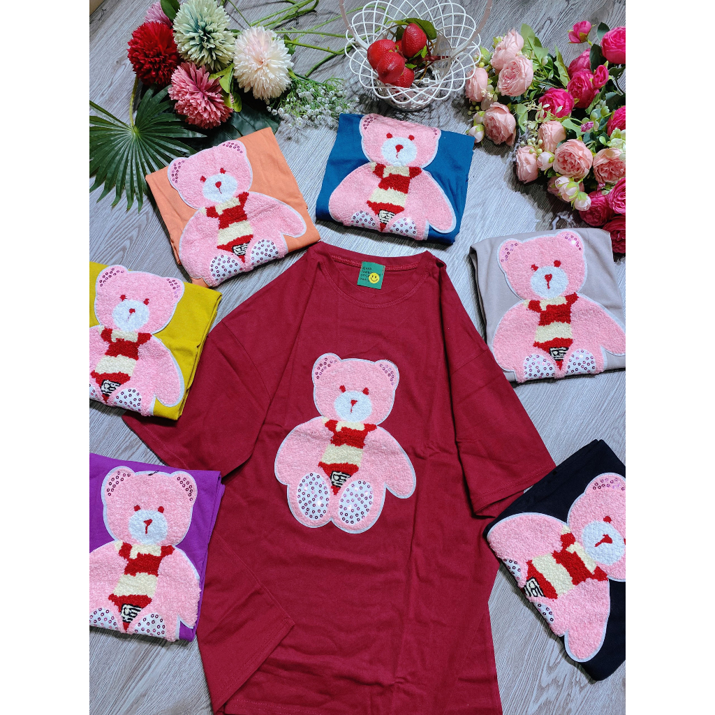 Áo thun form rộng tay lỡ nữ 3158 cổ tròn đáp thêu giá rẻ unisex in hình gấu hồng dễ thương nhiều màu siêu hot