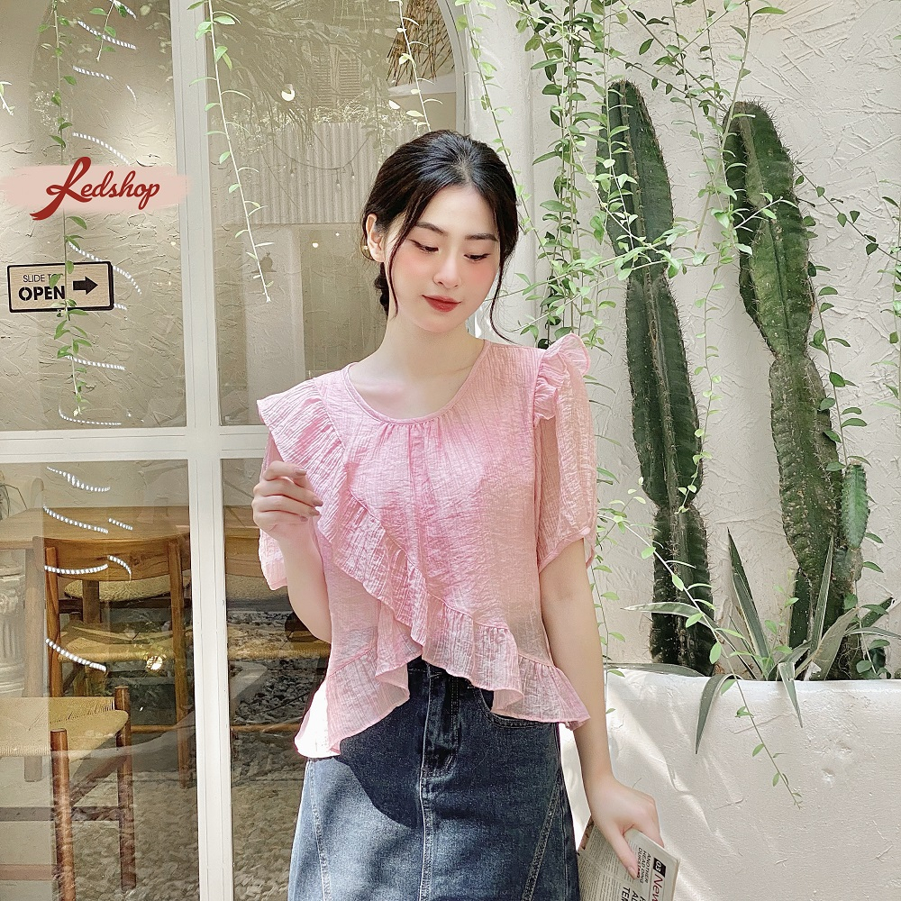 Áo croptop nữ tay ngắn phồng nhún bèo vải tằm ly thoáng mát (29932) - Red Shop