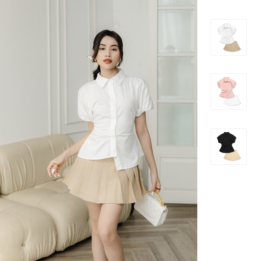 Set Nữ Stylish Shirt Pleat Skirt, Chất Vải Chân Váy Kaki Dẻo Hàn Lót Lụa, Áo Xi Cotton, WSB047, SOMEHOW