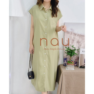 Đầm sơ mi xanh tay con suông rộng