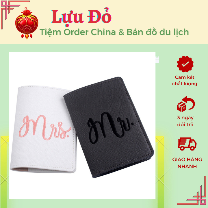 Bao da hộ chiếu, bao hộ chiếu, bao bảo vệ hộ chiếu LEMO thêu chữ Mr Mrs xinh xắn.