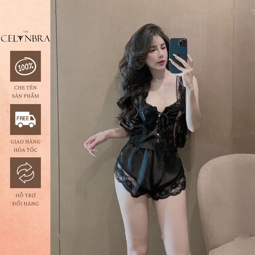 Bộ đồ ngủ lụa satin phối ren gợi cảm có nút cài trước ngực quyến rũ THE CELYNBRA - V62