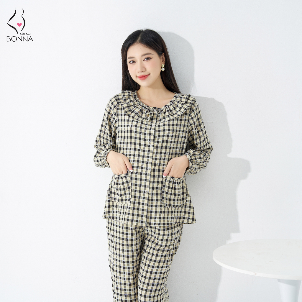 Đồ bộ bầu BONNA thiết kế chất thô đũi nẹp nhung mềm mại, dáng pyjama cổ bèo, quần có chun điều chỉnh thoải mái B076