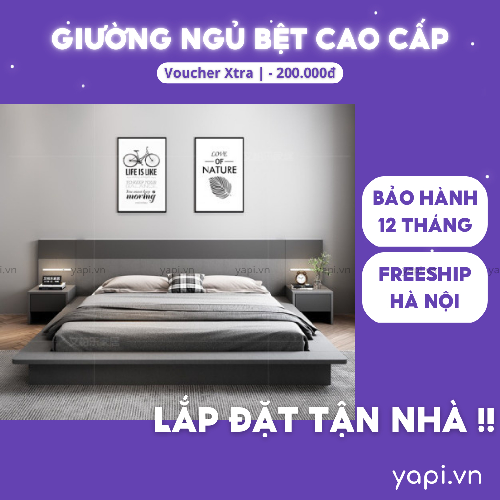 Giường Ngủ Bệt Phong Cách Bắc Âu Kèm 2 Tủ Đầu Giường Bằng Gỗ MDF Nhập Khẩu Yapi -506
