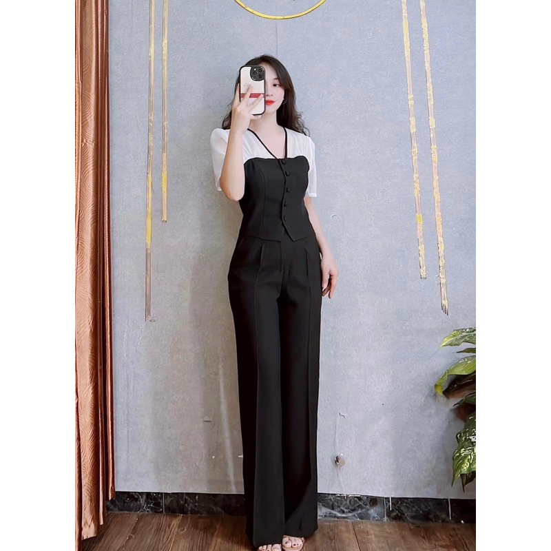 Set bộ nữ áo ngắn tay quần ống suông cạp cao thanh lịch