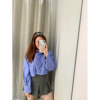 [T.Q.X.K] Áo sơ mi kẻ xanh dáng crop