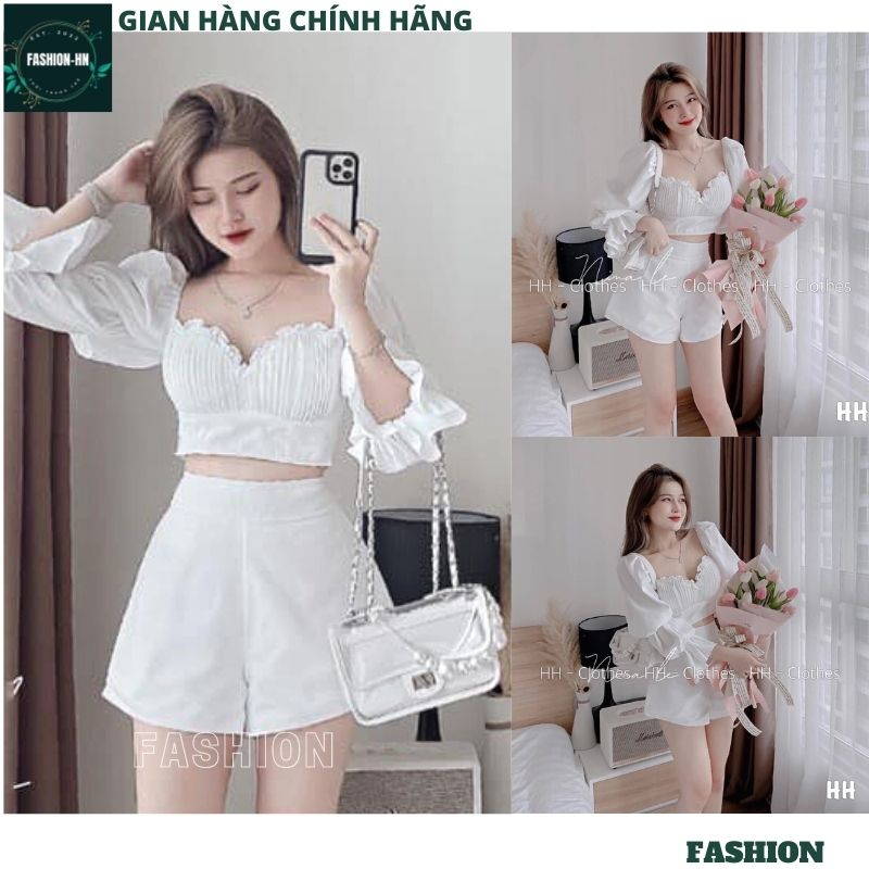 Set áo croptop tay bồng cúp ngực kèm quần ngắn cạp cao - Bộ đồ nữ áo tay dài quần short trắng FASHION B64