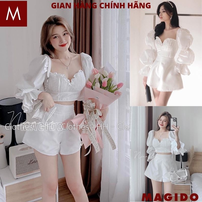 Set áo cúp ngực ôm body croptop tay dài bồng chun lưng kèm quần short cạp cao - Bộ đi chơi nữ đẹp MAGIDO B64