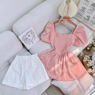 Set áo peplum tay bồng + quần short