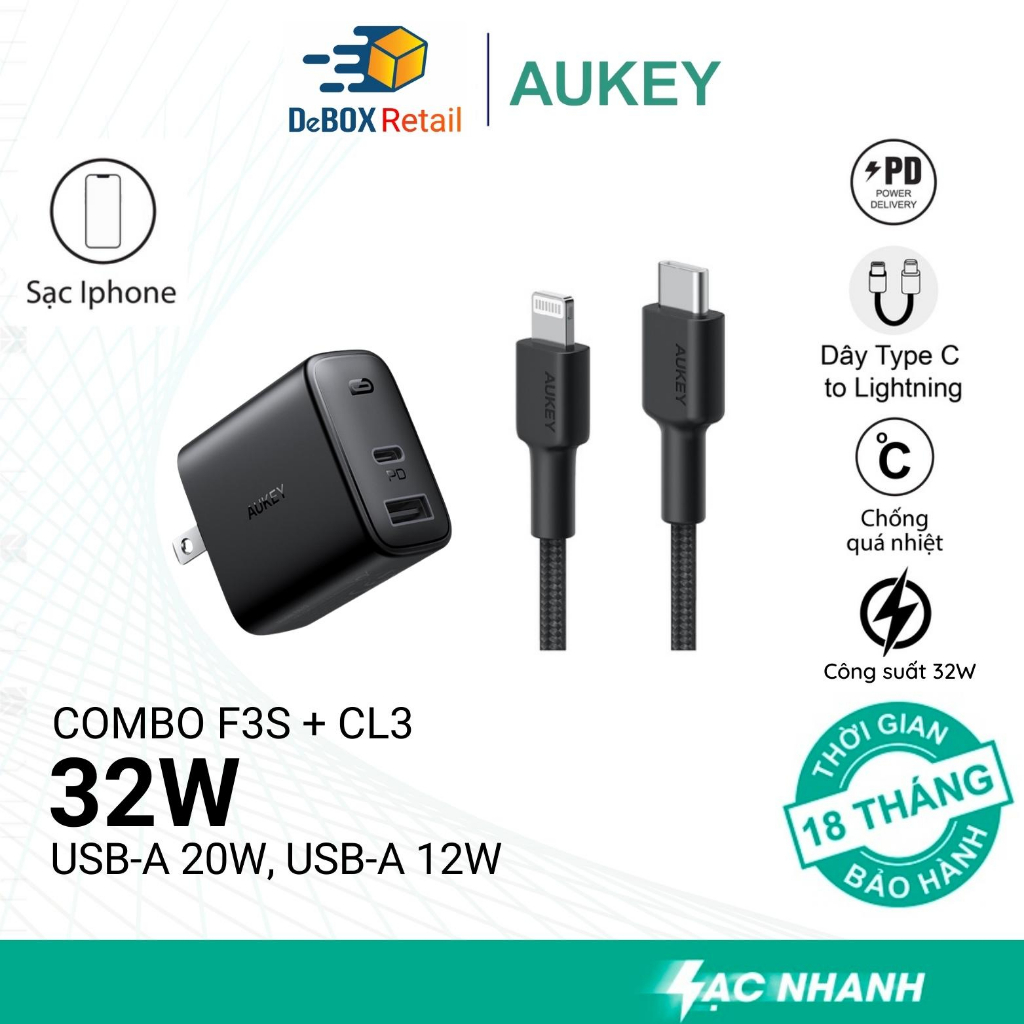 Combo AUKEY Bộ Củ Sạc PA-F3S 32W, Dây Sạc Nhanh 0,9m CB-CL3 USB-C to Lightning 20W chuẩn PD - Hàng chính hãng BH18 TH