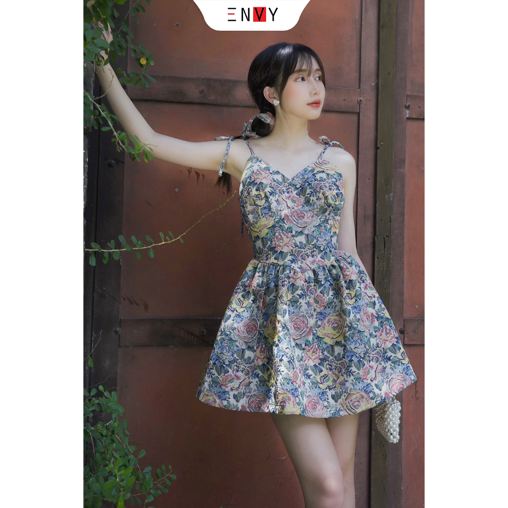 Đầm hoa xòe hai dây cột nơ điều chỉnh ENVY D242
