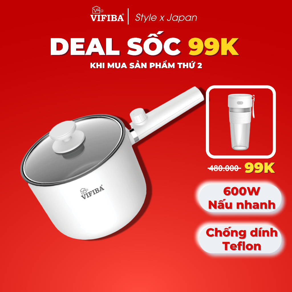 Nồi điện đa năng 2in1 VIFIBA dung tích 1.5L, công suất 600W, 2 cấp độ, chống dính tay cầm dài - Nấu, Chiên, Xào đều đư