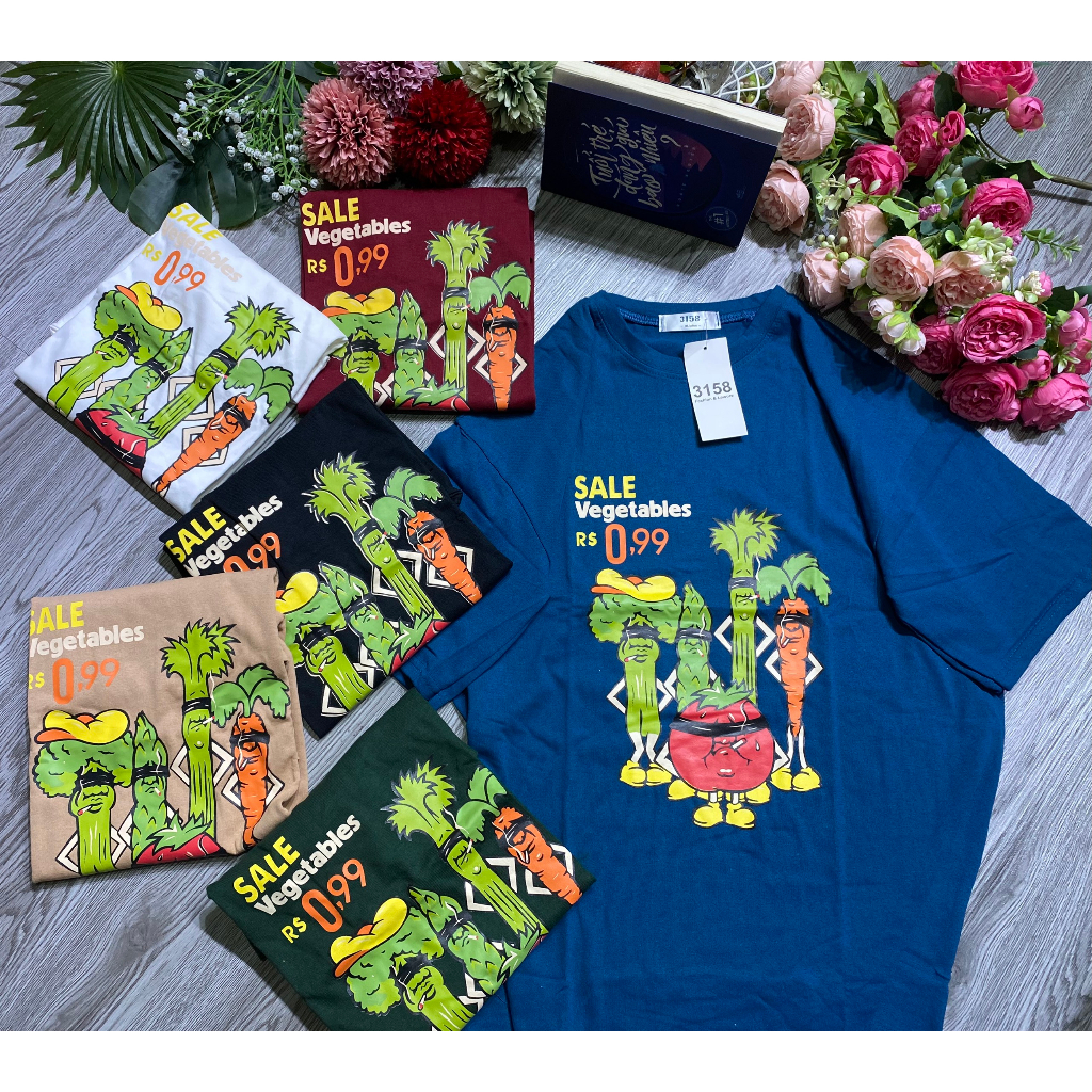 Áo thun form rộng tay lỡ nữ 3158 cổ tròn giá rẻ unisex in hình hoạt hình rau củ dễ thương nhiều màu siêu hot hit