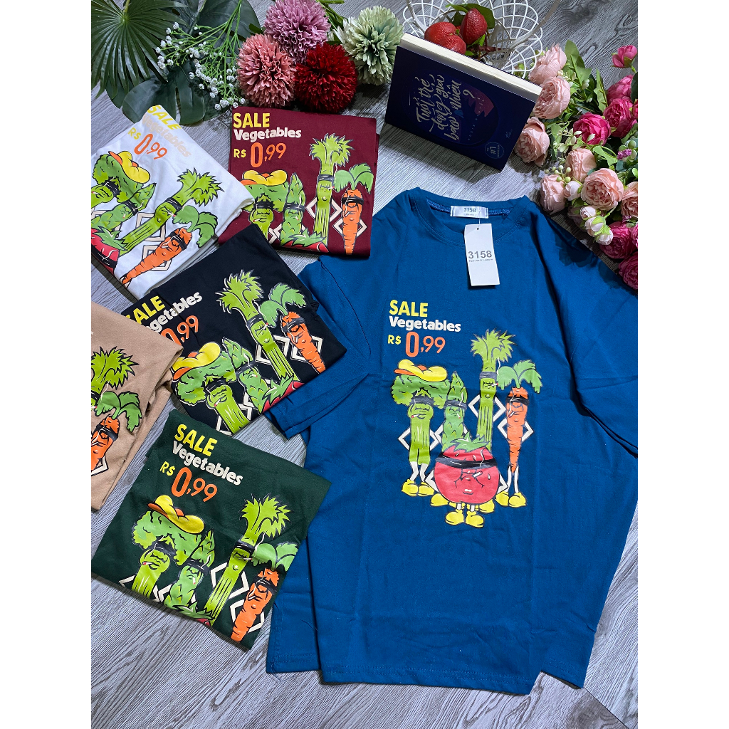 Áo thun form rộng tay lỡ nữ 3158 cổ tròn giá rẻ unisex in hình hoạt hình rau củ dễ thương nhiều màu siêu hot hit