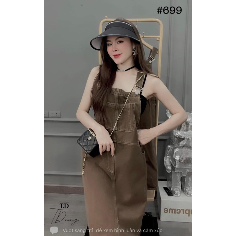 Váy jean yếm nâu tây siêu hot sml