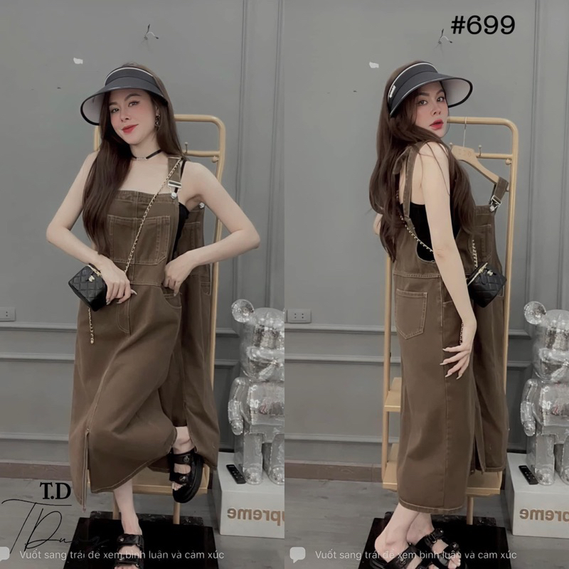 Váy jean yếm nâu tây siêu hot sml
