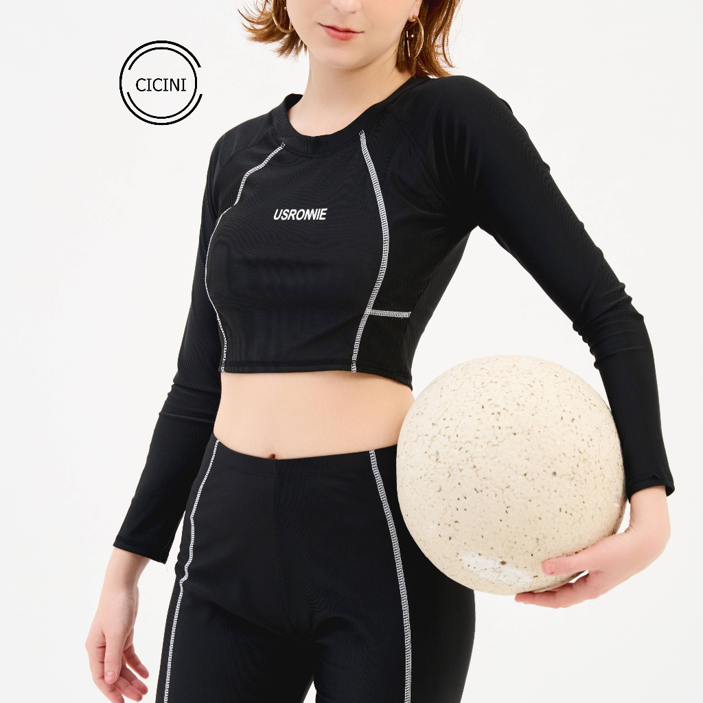 Bộ Quần Áo Bơi Cicini Cao Cấp Tay Dài Croptop Đen Trơn, Quần Dài Dành Cho Bạn Gái Đi Biển Mã L05
