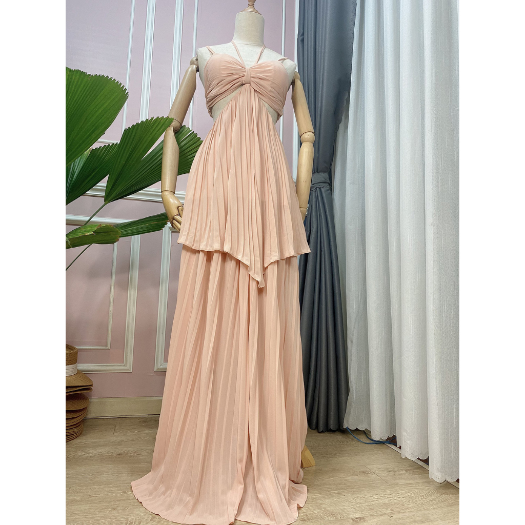 Set váy maxi dập ly cổ yếm dáng xòe sang chảnh xinh đẹp đi biển du lịch cá tính nàng thơ