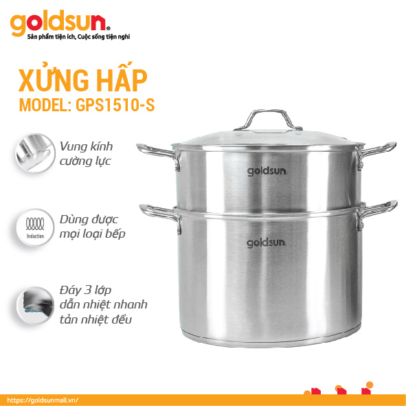 Nồi Xửng Hấp Inox Đáy Từ Goldsun Cao Cấp Dùng Được Cho Mọi Loại Bếp - GPS1510-S [BẢO HÀNH 12 THÁNG]