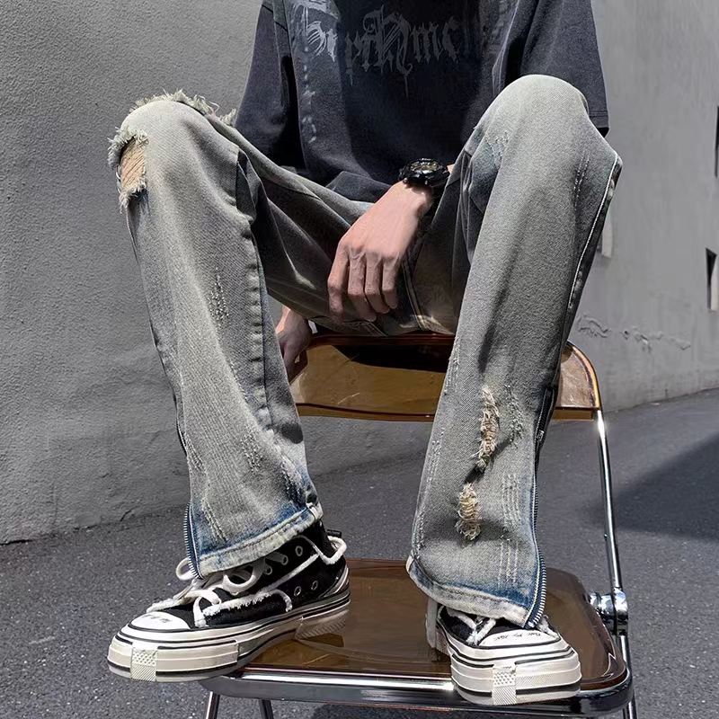 🔥BELLKEN🔥Quần jean nam ống rộng rách gối Thiết Kế Phong, Quần bò nam Form xuông hottrend phong cách streetwear