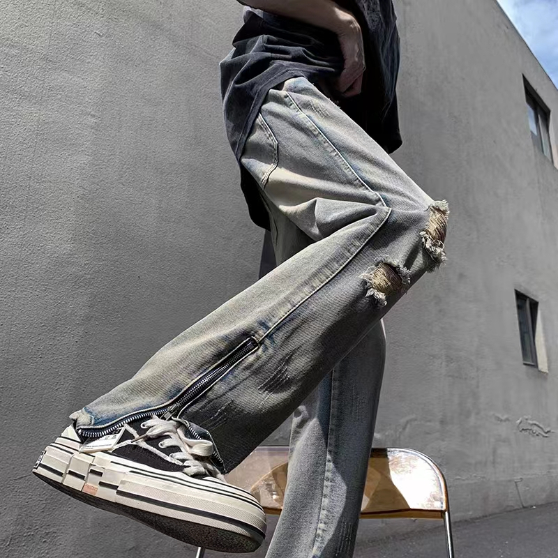 🔥BELLKEN🔥Quần jean nam ống rộng rách gối Thiết Kế Phong, Quần bò nam Form xuông hottrend phong cách streetwear