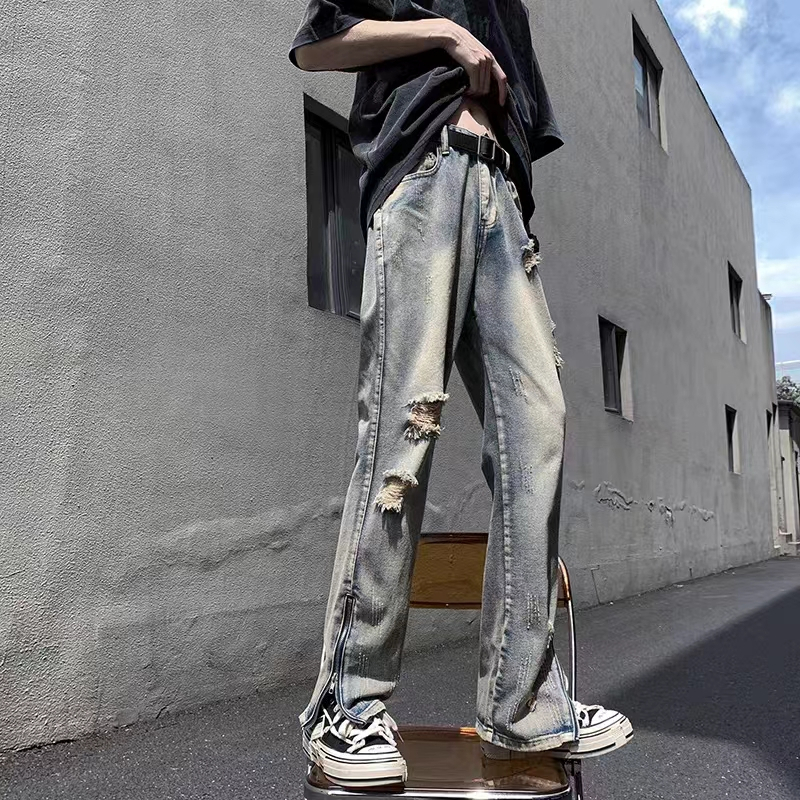 🔥BELLKEN🔥Quần jean nam ống rộng rách gối Thiết Kế Phong, Quần bò nam Form xuông hottrend phong cách streetwear