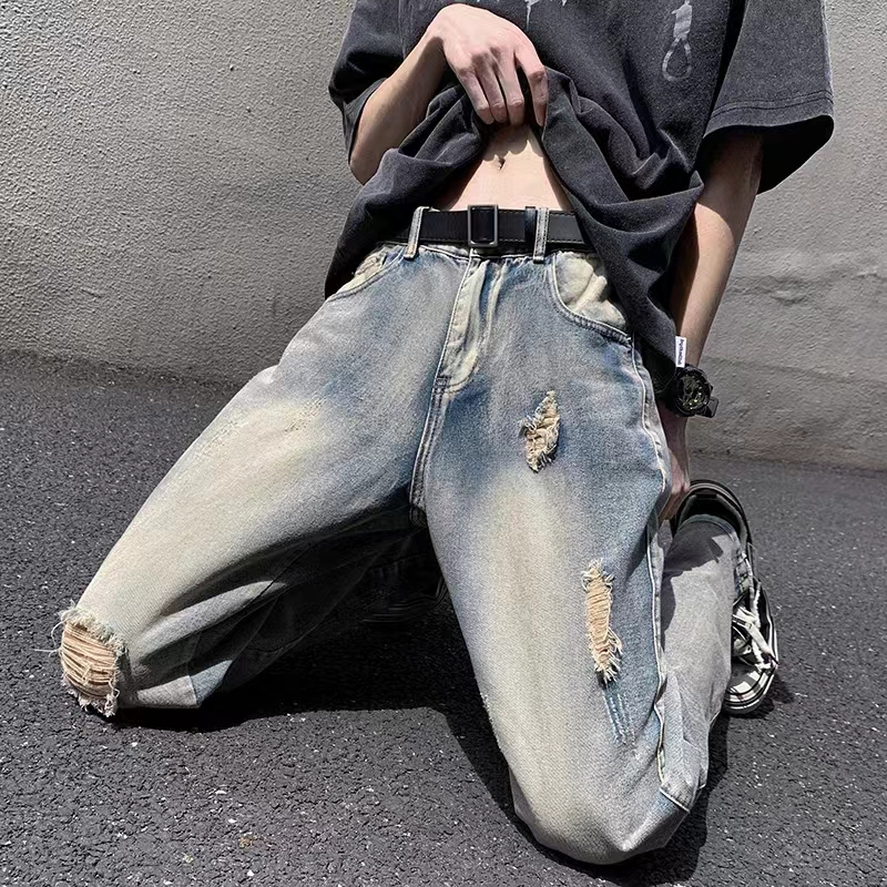🔥BELLKEN🔥Quần jean nam ống rộng rách gối Thiết Kế Phong, Quần bò nam Form xuông hottrend phong cách streetwear