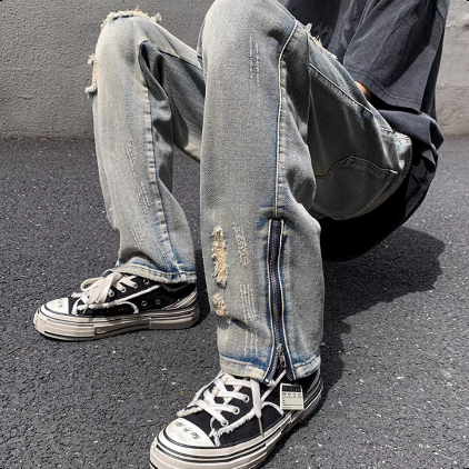 🔥BELLKEN🔥Quần jean nam ống rộng rách gối Thiết Kế Phong, Quần bò nam Form xuông hottrend phong cách streetwear