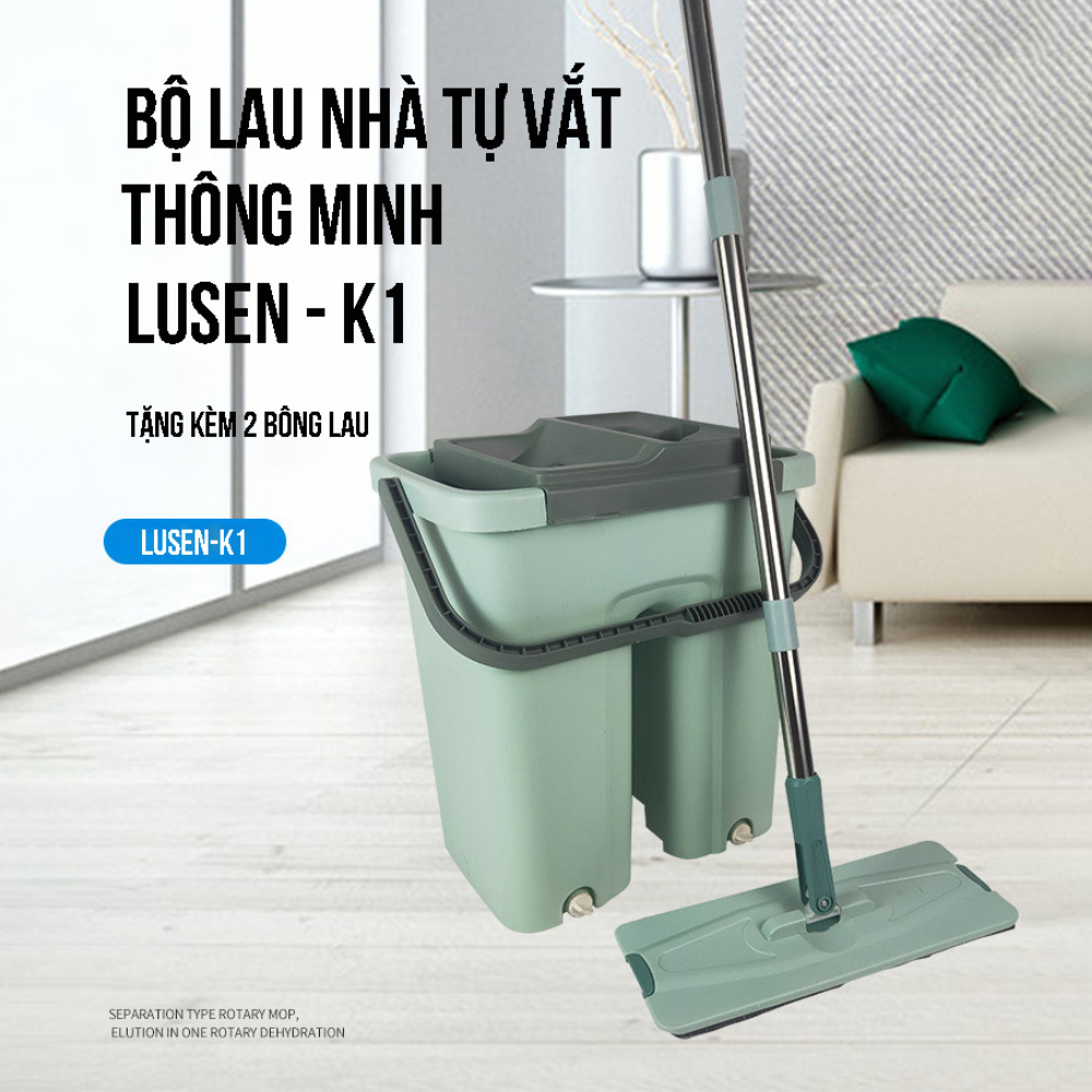Cây lau nhà Lusen K1 thông minh, Bộ chổi lau sàn 2 ngăn tách nước xoay 360 độ thùng tự vắt. Tặng kèm 2 bông lau