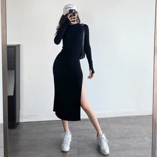 Đầm Body Thun Tay Dài Xẻ 1 Tà Xỏ Ngón 2 Màu Đen Be (ảnh thật trải sàn)