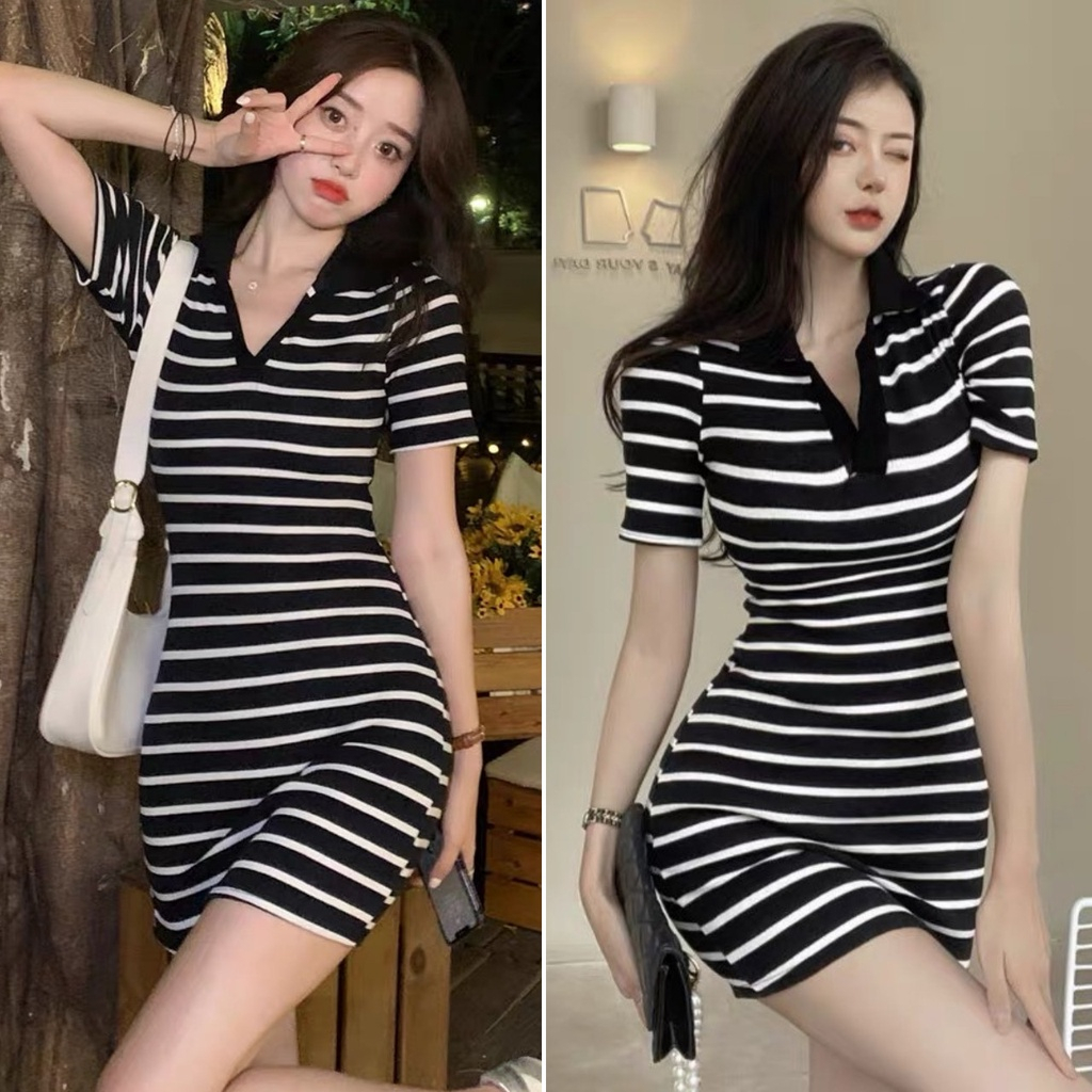 Đầm body sọc ngang ngắn tay cổ bẻ, Váy kẻ ôm body nữ dáng ngắn