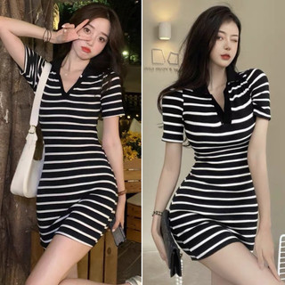 Đầm body sọc ngang ngắn tay cổ bẻ, Váy kẻ ôm body nữ dáng ngắn