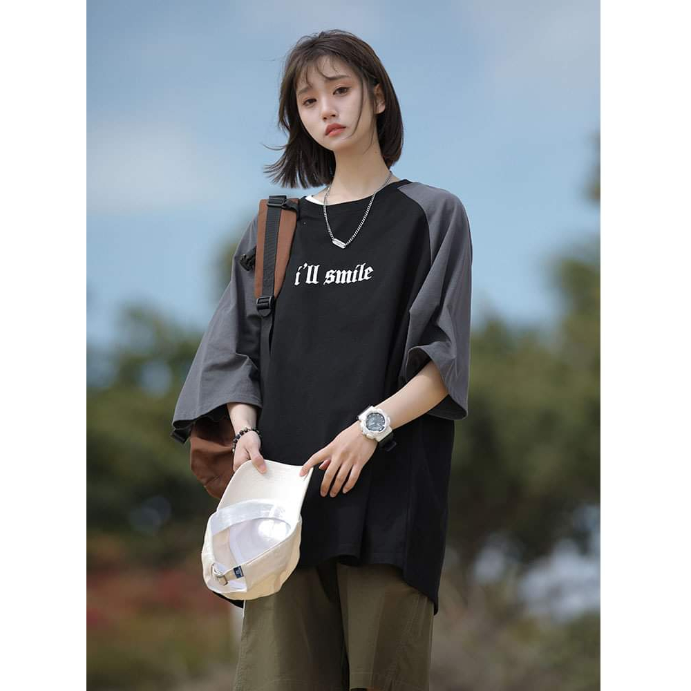 Áo thun unisex I'll smile - myndi_clothes - Áo phông form rộng tay lỡ nam nữ mặc đi chơi, đi học 3 màu đen, trắng, be