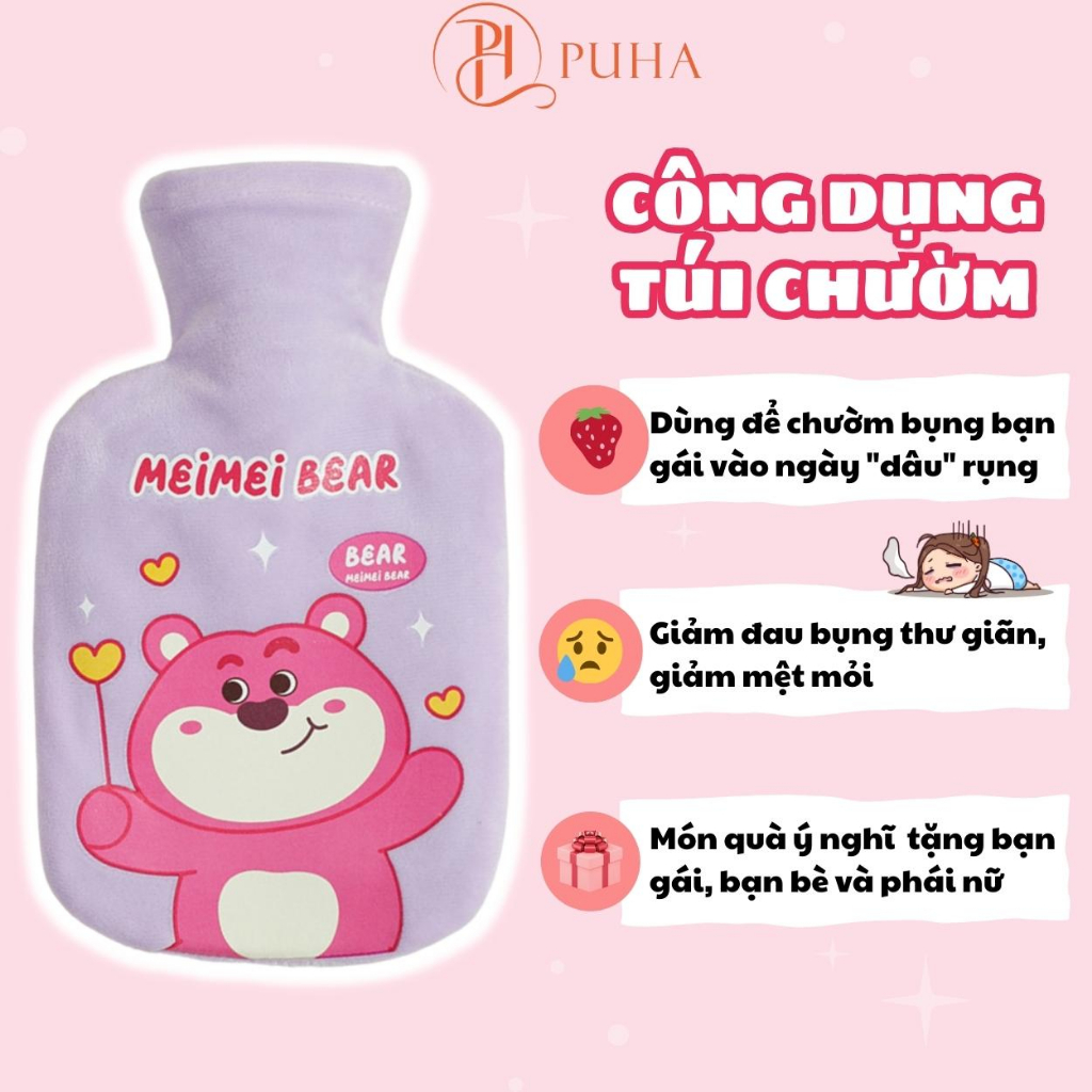 Combo quà sinh tặng bạn gái gồm, túi chườm nóng sưởi ấm bụng kinh PUHA 1000ml kèm phụ kiện cute