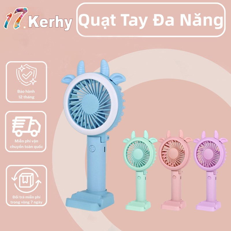 Quạt cầm tay mini，Ba tốc độ gió,với giá đỡ điện thoại di động và đèn LED,Tặng kèm 4 đầu tạo kiểu thay thế-17.kerhy