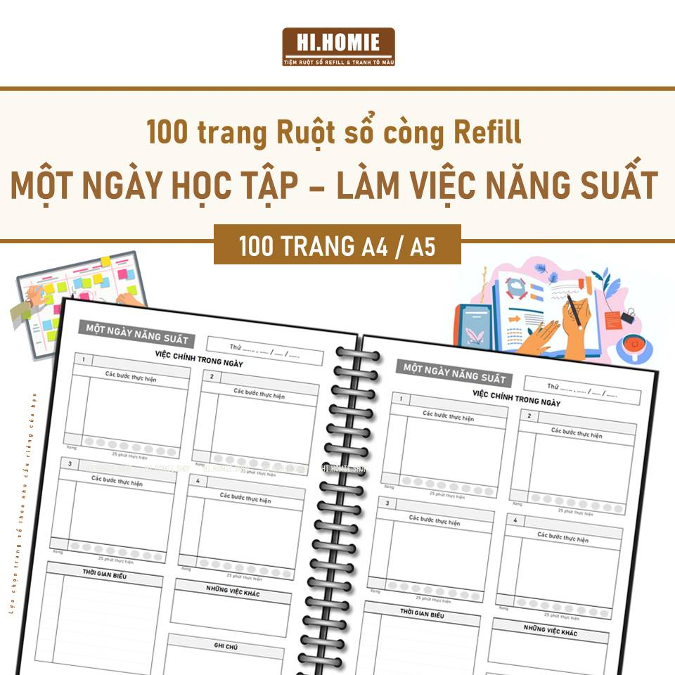 Sổ tay Một ngày học tập, làm viêc năng suất - Daily Planner | 100 trang Giấy refill, ruột sổ còng | A5, A4, B5