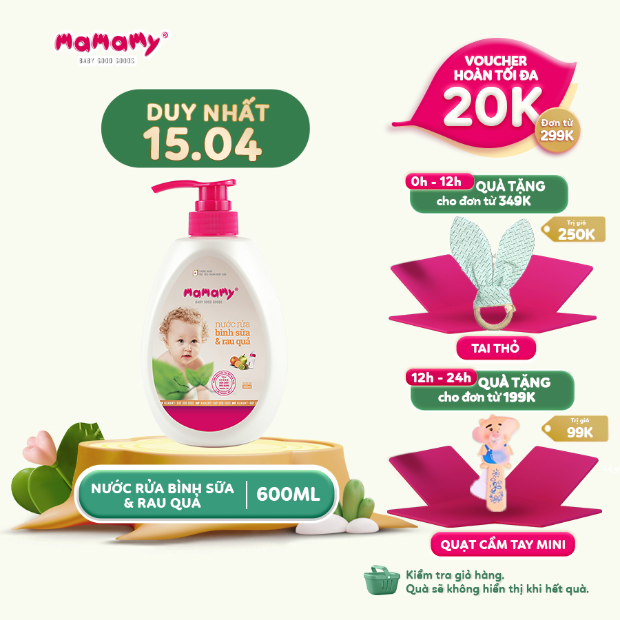 Chai Nước rửa bình sữavà rau quả lành tính, đạt tiêu chuẩn Nhật Bản Mamamy an toàn cho cả trẻ sơ sinh 600ml