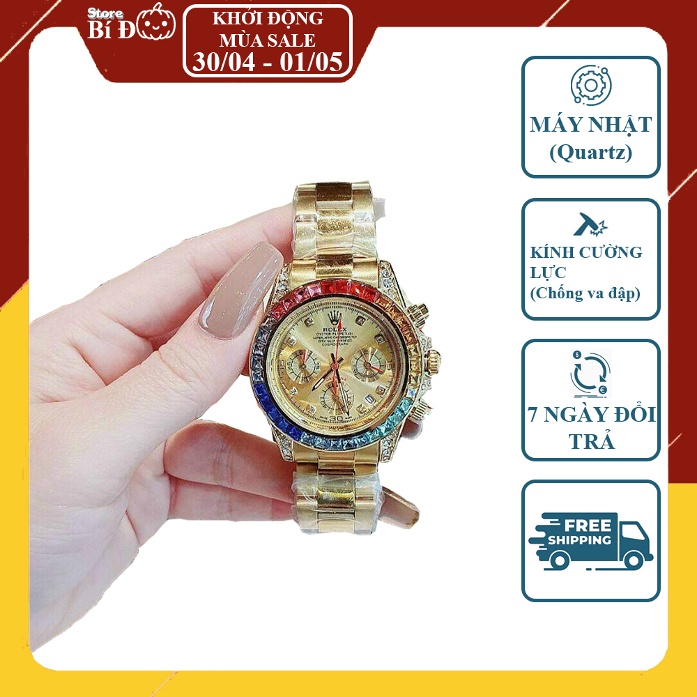 Đồng hồ nam ROLEX máy nhật, kính shaphire, chống nước, chạy full kim, mặt đá màu 40mm, dây hợp kim đúc CAO CẤP