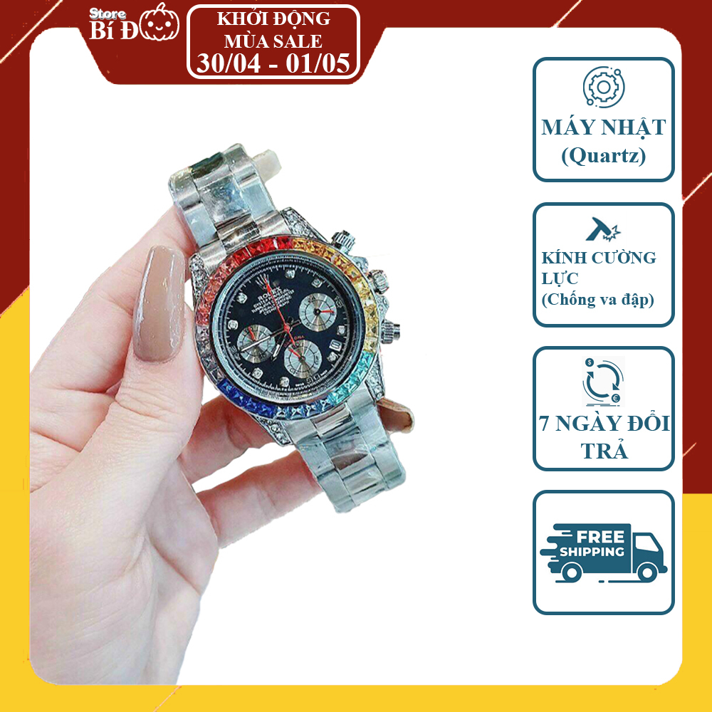 Đồng hồ nam ROLEX máy nhật, kính shaphire, chống nước, chạy full kim, mặt đá màu 40mm, dây hợp kim đúc CAO CẤP