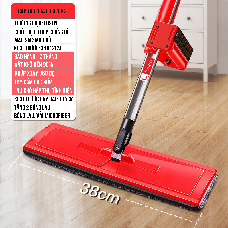 Bông lau thay thế cho cây lau nhà tự vắt Lusen chất liệu Microfiber cao cấp, giẻ Lau Nhà Kích Thước 38x12cm