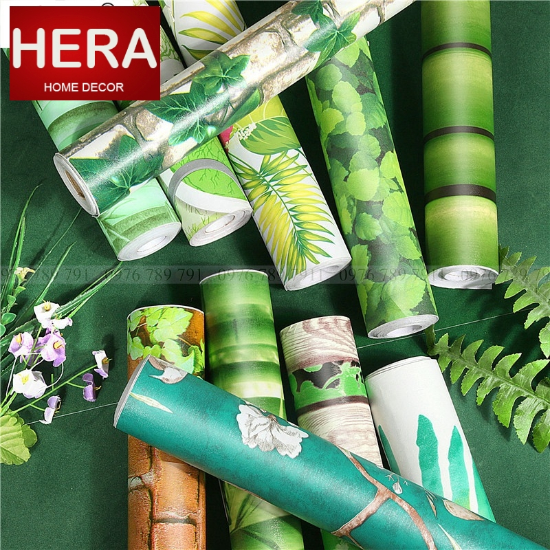Giấy dán tường hoa lá 3d chống nước - 10m decal dán tường màu hoa lá xanh, hoa dây vàng, hoa dây xanh có keo sẵn Hera