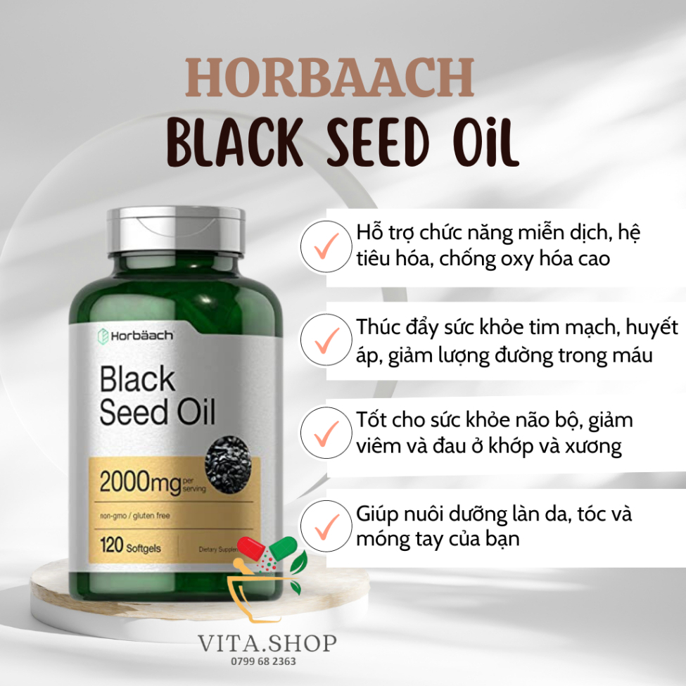 Viên uống dầu hạt thì là đen hỗ trợ miễn dịch, chống oxy hóa và giảm viêm Horbaach Black Seed Oil 2000mg 120 viên