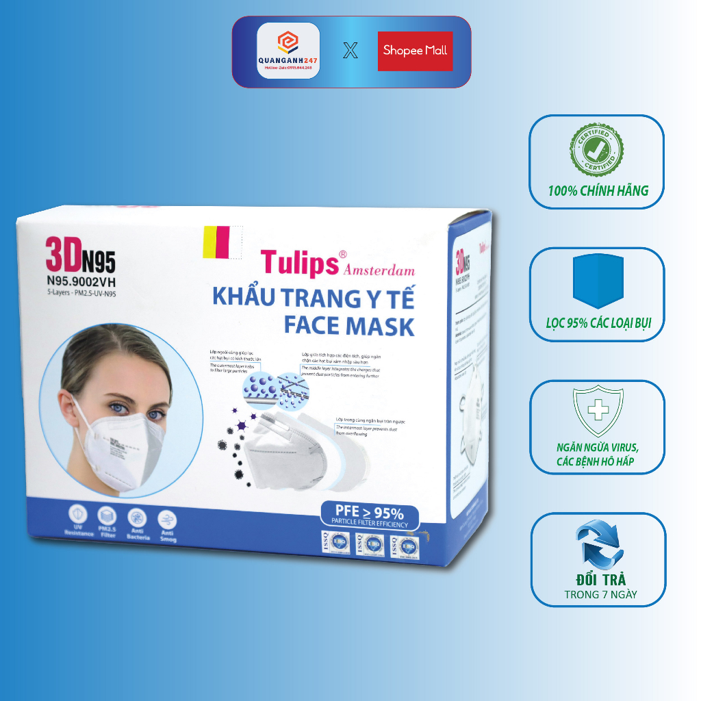 Khẩu Trang N95 không van Tulips, Combo 10 cái khẩu trang N95 người lớn chống nắng, chống tia UV, chống bụi kháng khuẩn