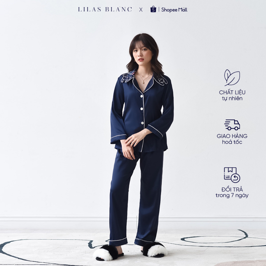 Bộ Pyjamas Nữ Mặc Nhà Áo Dài Quần Dài Chất Liệu Lụa Thiết Kế Cổ Thỏ Tai Cụp Bunny Xanh Navy LILAS BLANC