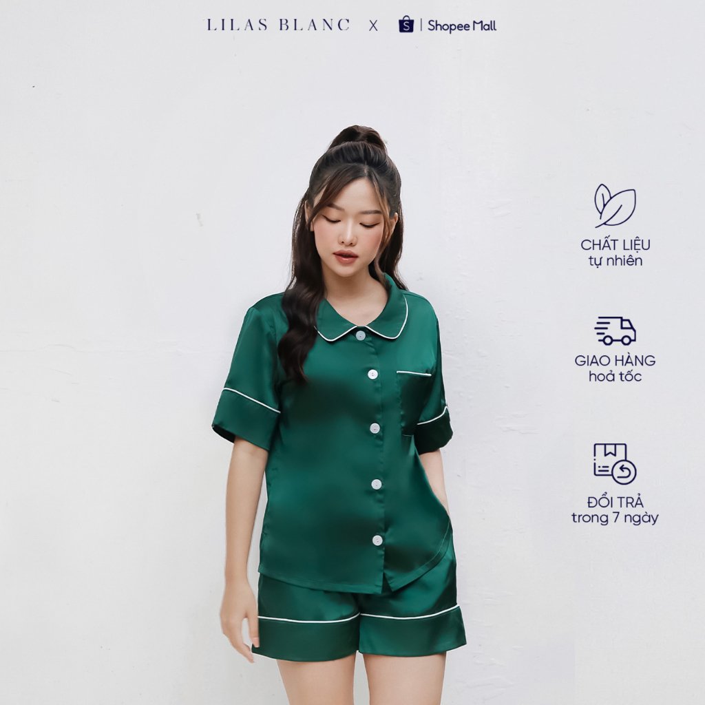 Bộ Pyjamas Nữ Mặc Nhà Tay Cộc Quần Cộc Chất Liệu Lụa Màu Xanh Lá Phối Viền Trắng Summer Green LILAS BLANC