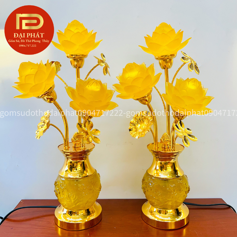Cặp đèn thờ hoa sen lưu ly cao cấp ĐẠI PHÁT DP02, Đèn đổi màu, led vàng mẫu hoa sen mới chắc tay