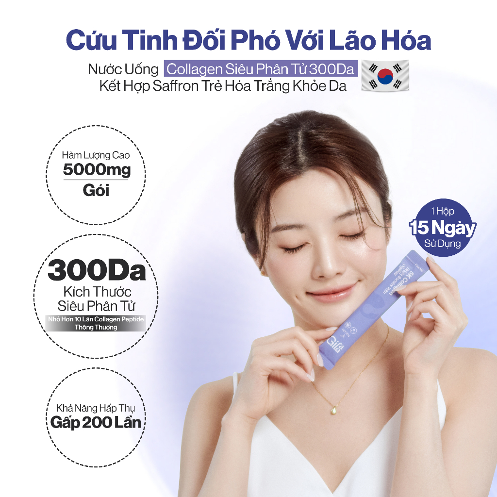 NƯỚC UỐNG COLLAGEN GILAA  SIÊU PHÂN TỬ 300DA KẾT HỢP SAFFRON TRẺ HÓA TRẮNG KHỎE DA (20g x 15 gói) | BigBuy360 - bigbuy360.vn