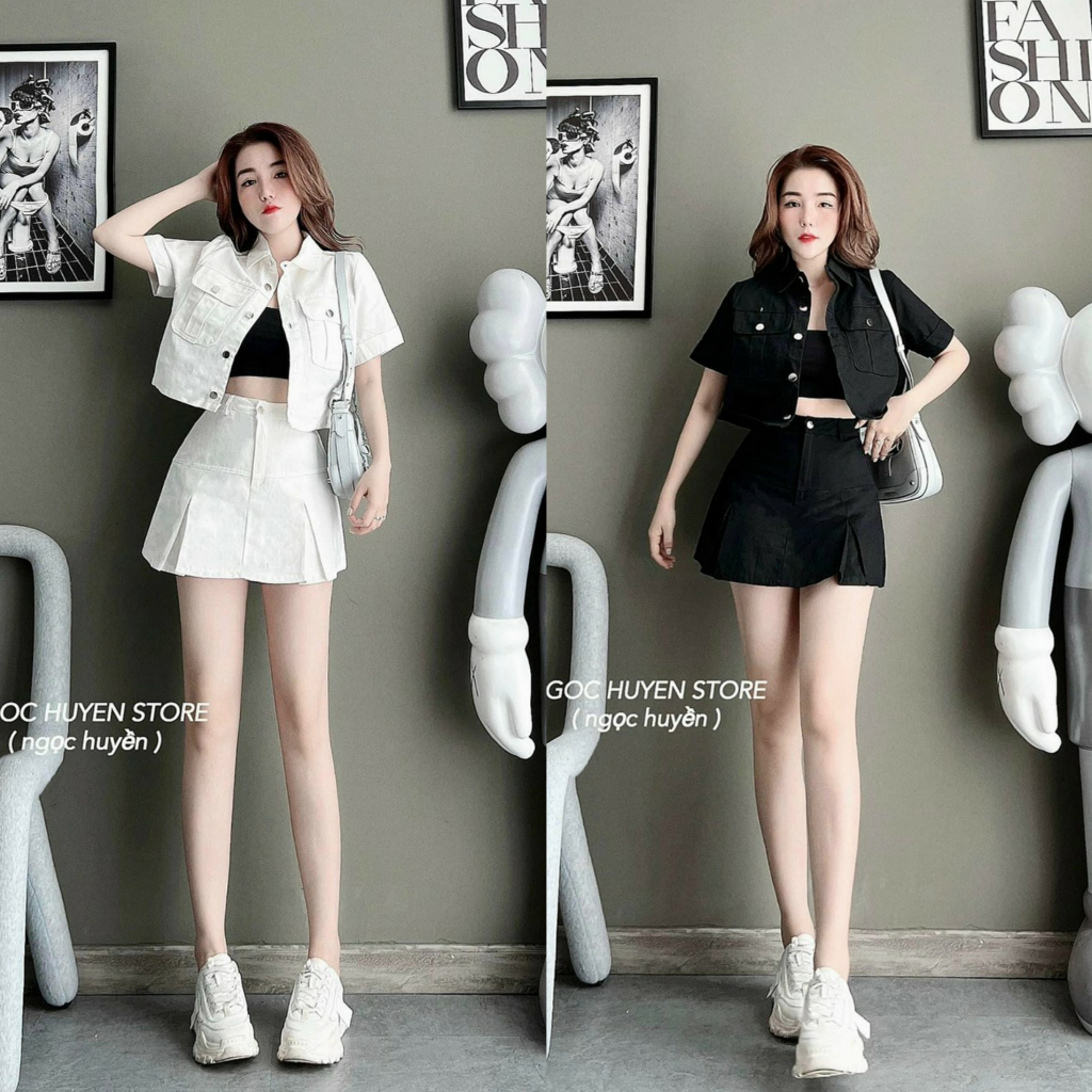 Set 3 món áo croptop kèm áo khoác cổ sơ mi mix chân váy ngắn chữ A quyến dũ, cá tính