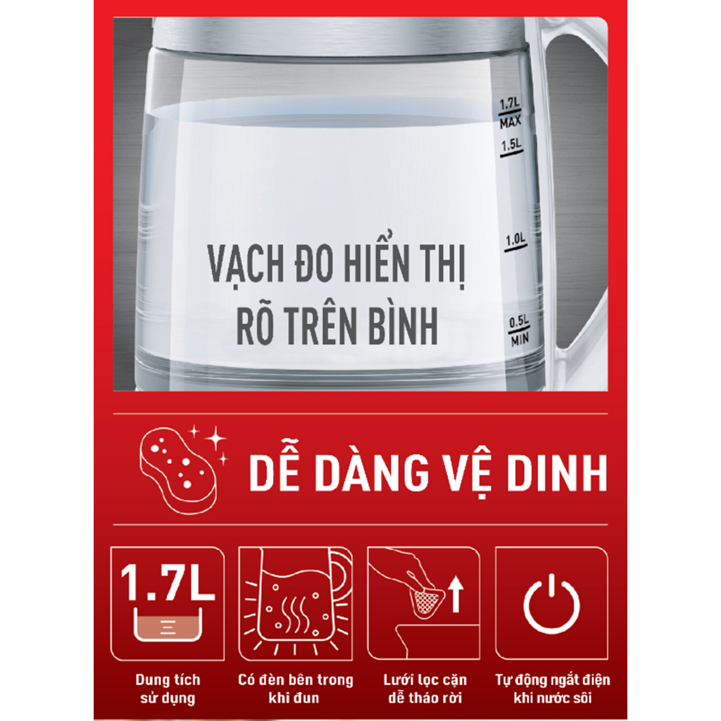 Bình đun siêu tốc Tefal KI772D38 - thủy tinh - 2400W, 1.7L